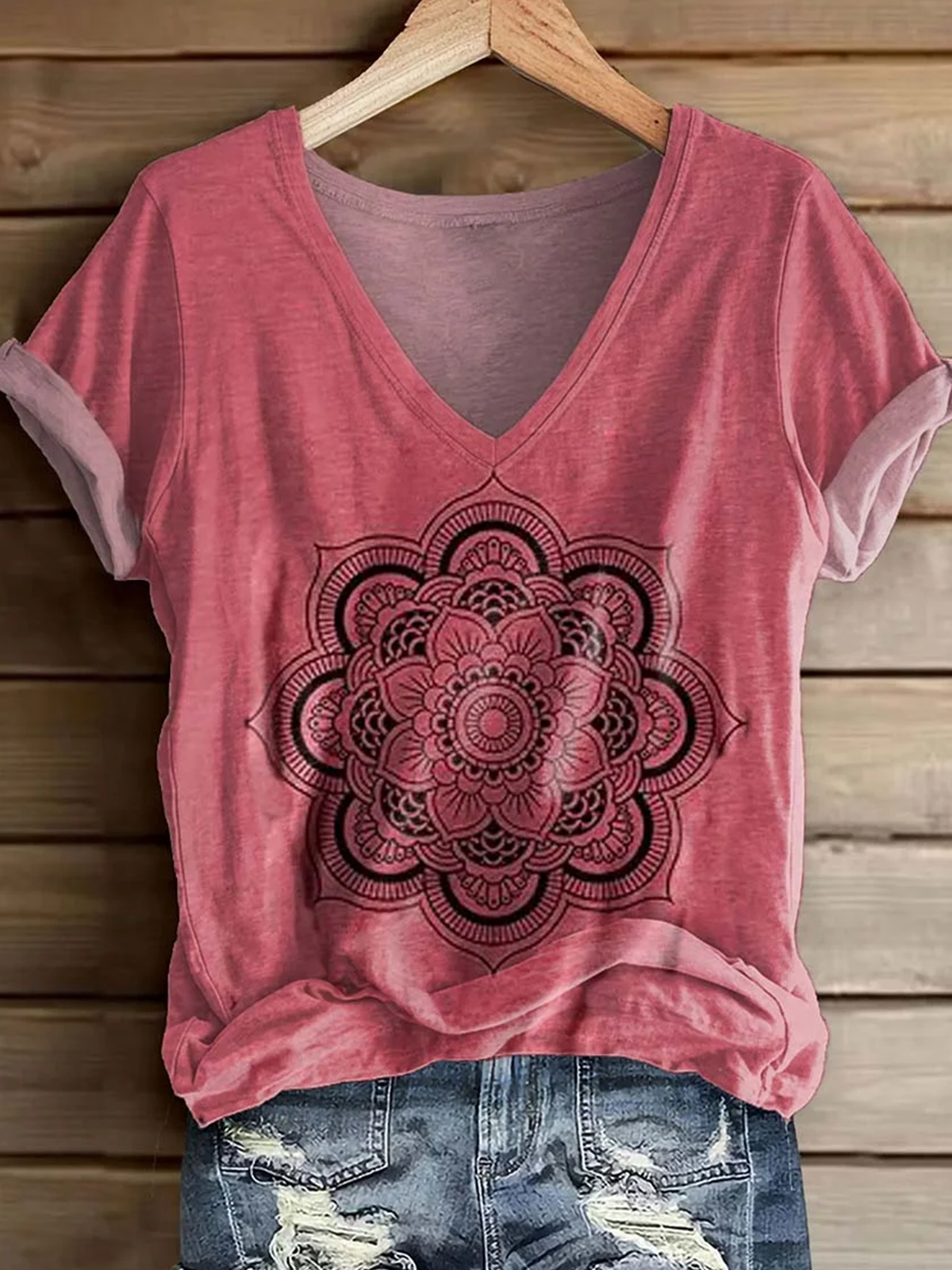 Casual Ethnic Geometry V Neck Short Sleeve T-shirt