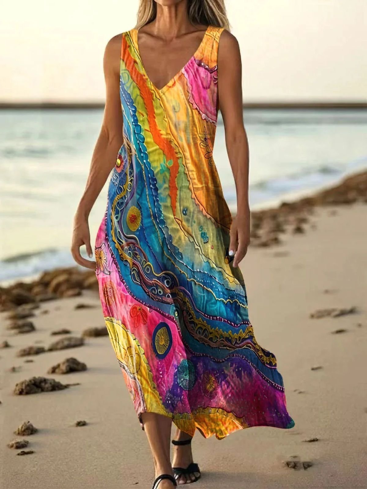 Women Multicolor Block Summer Dress V Neck Sleeveless A-Line Dress