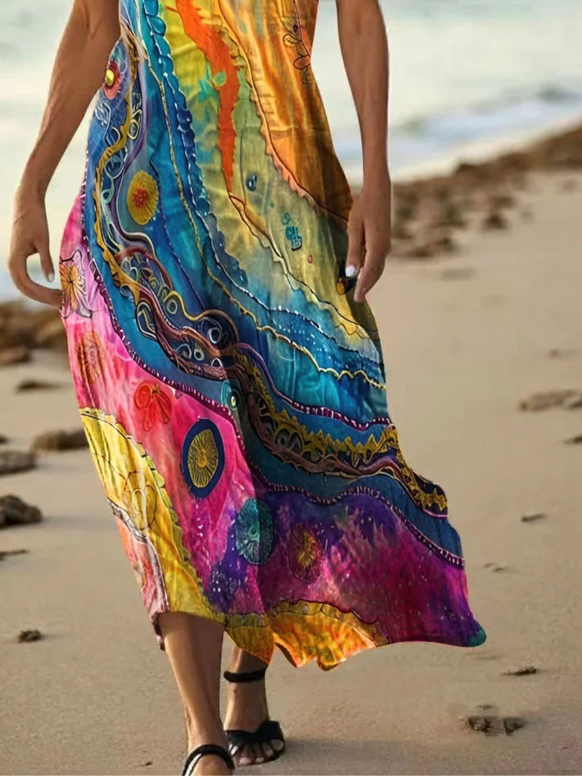 Women Multicolor Block Summer Dress V Neck Sleeveless A-Line Dress