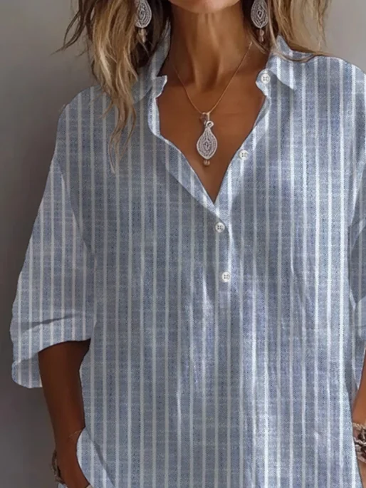 Shirt Collar Long Sleeve Striped Printing Regular Loose Shirt For Women