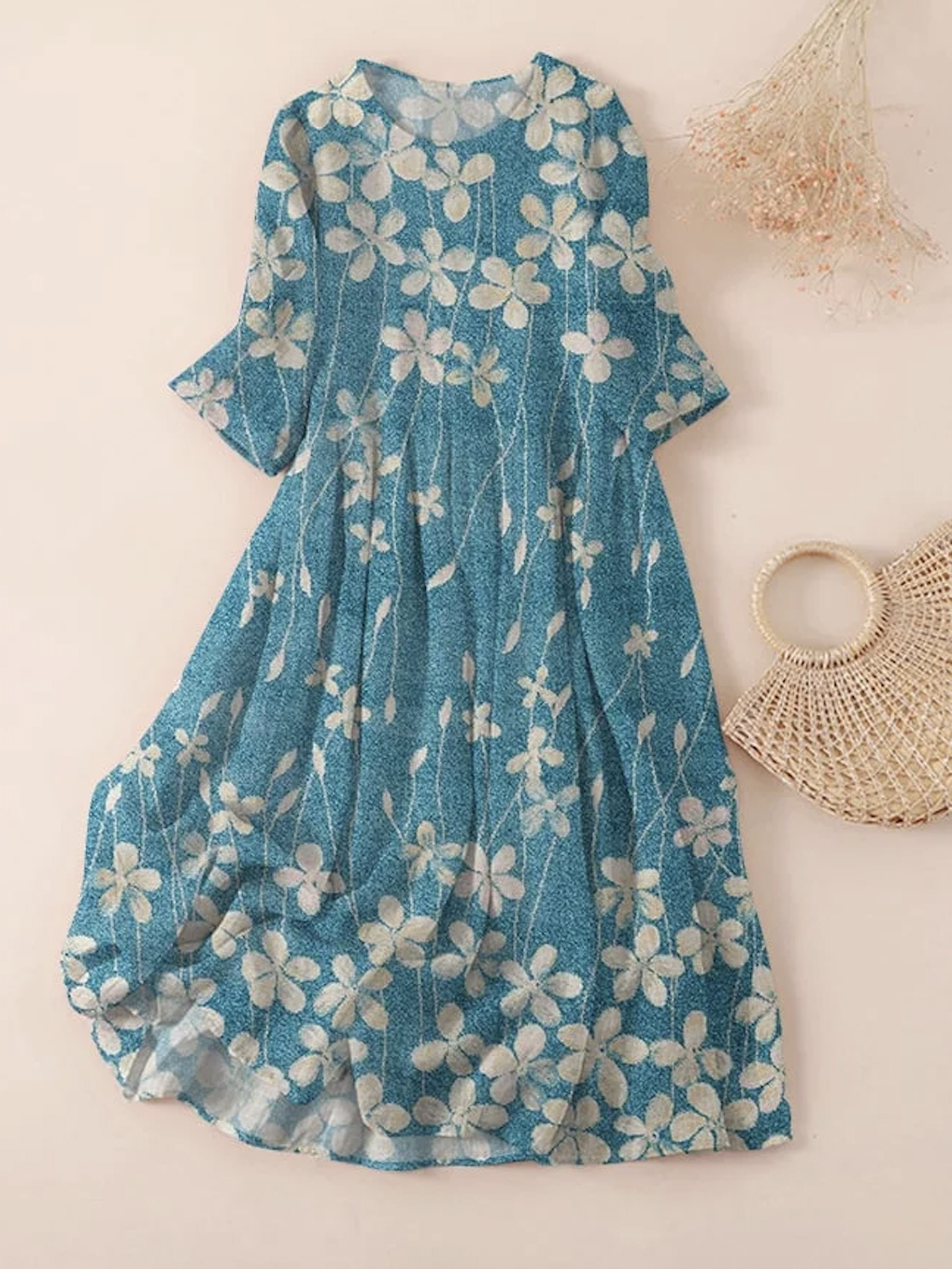 Women Floral Spring/Fall Dress Crew Neck Three Quarter Sleeve A-Line Dress