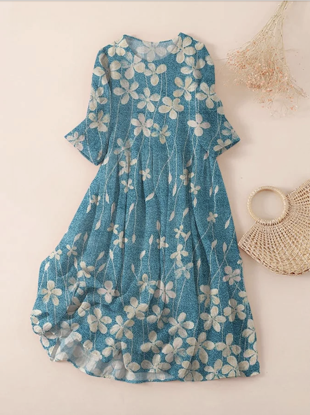 Women Floral Spring/Fall Dress Crew Neck Three Quarter Sleeve A-Line Dress