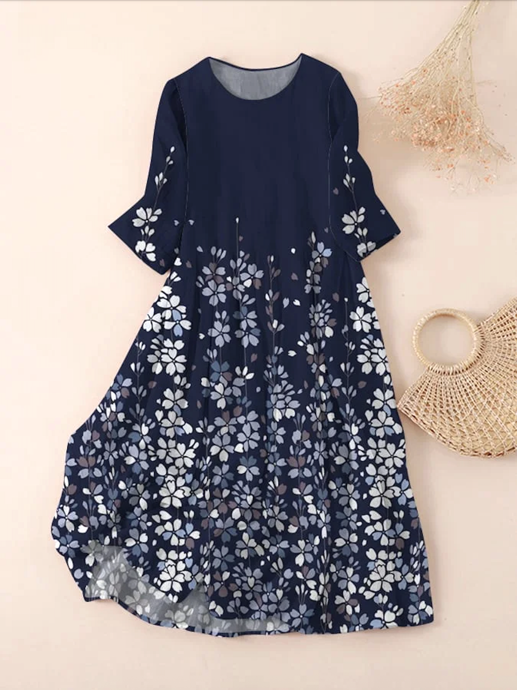 Women Floral Spring/Fall Dress Crew Neck Long Sleeve A-Line Dress