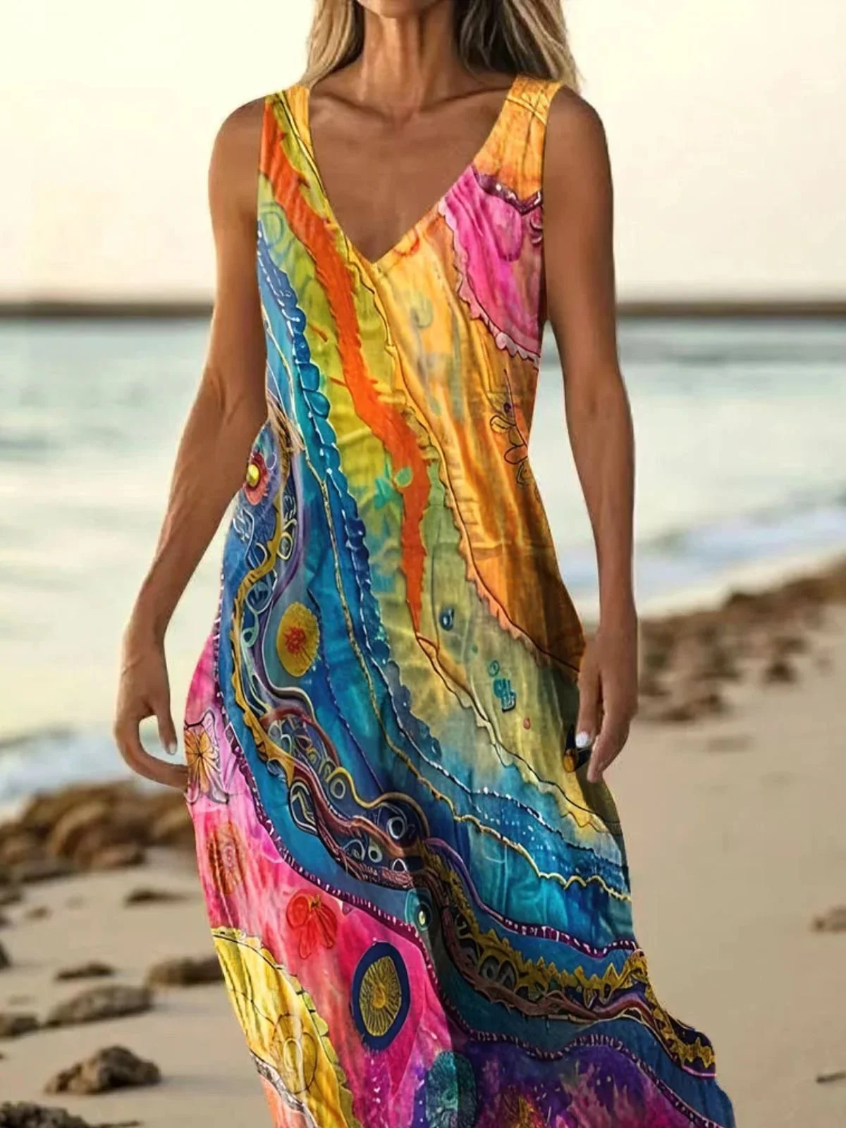 Women Multicolor Block Summer Dress V Neck Sleeveless A-Line Dress