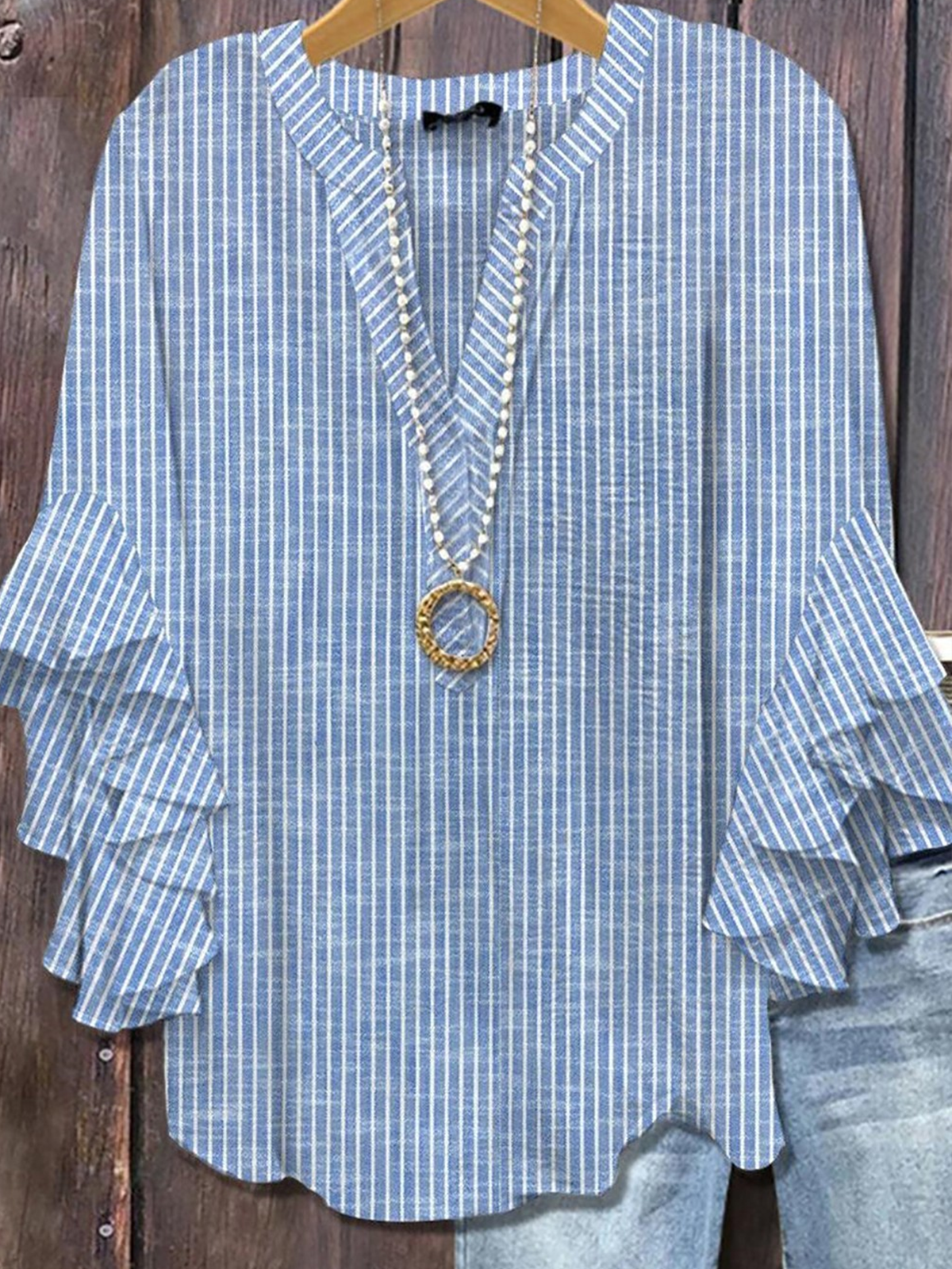 V Neck Half Sleeve Striped Regular Micro-Elasticity Regular Fit Blouse For Women