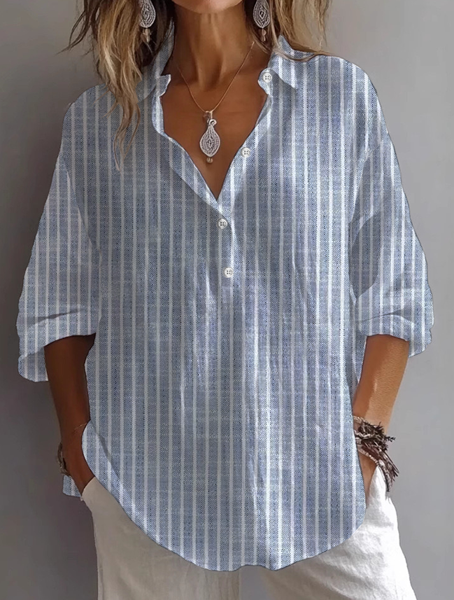 Shirt Collar Long Sleeve Striped Printing Regular Loose Shirt For Women