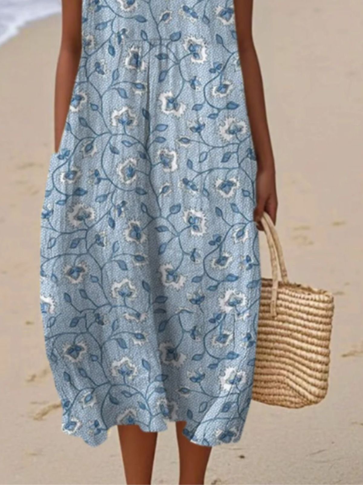 Women Floral Summer Dress Crew Neck Sleeveless A-Line Dress