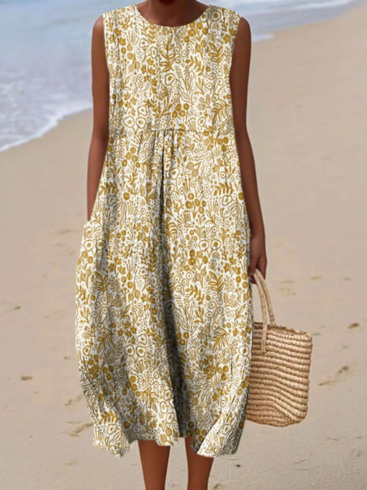 Women Floral Summer Dress Crew Neck Sleeveless A-Line Dress