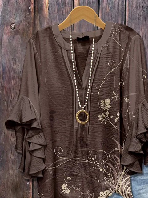 V Neck Half Sleeve Floral Printing Regular Loose Shirt For Women