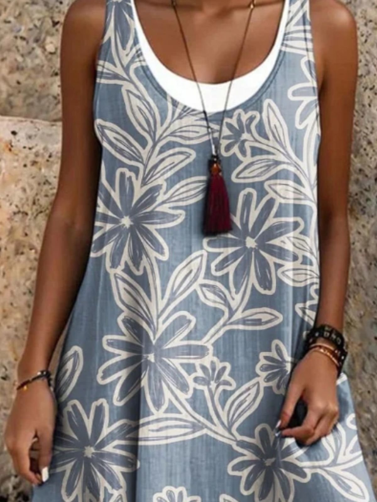 Women Floral Summer Dress Crew Neck Sleeveless A-Line Dress