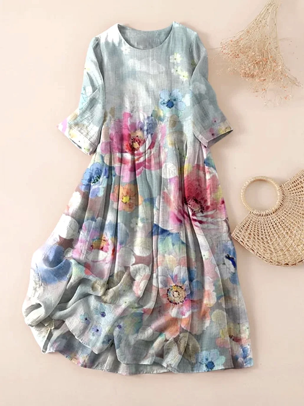 Women Floral Spring/Fall Dress Crew Neck Three Quarter Sleeve A-Line Dress