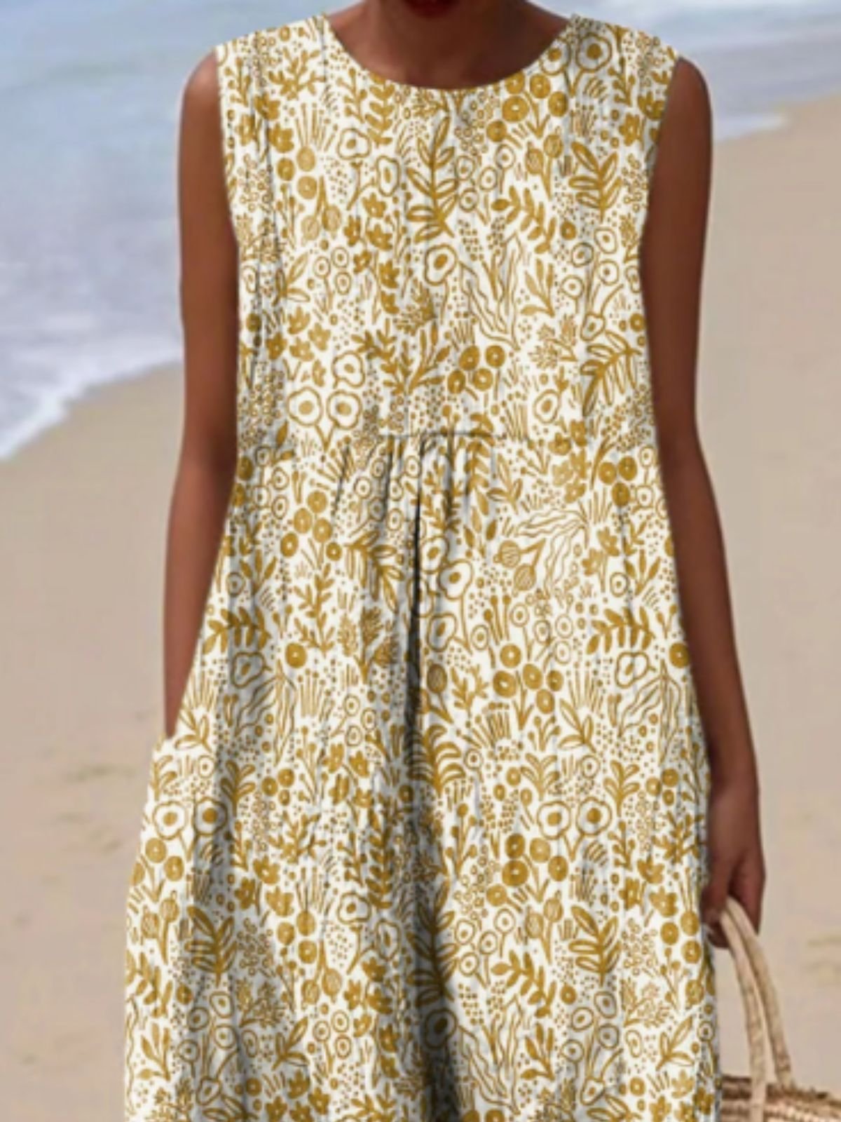 Women Floral Summer Dress Crew Neck Sleeveless A-Line Dress