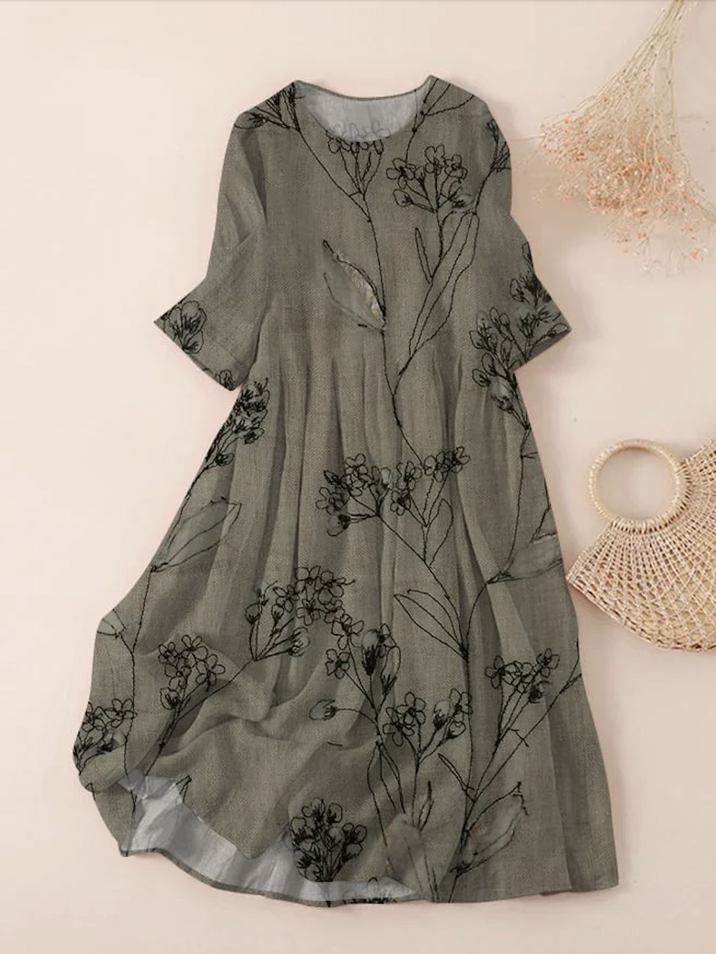 Women Floral Spring/Fall Dress Crew Neck Three Quarter Sleeve A-Line Dress