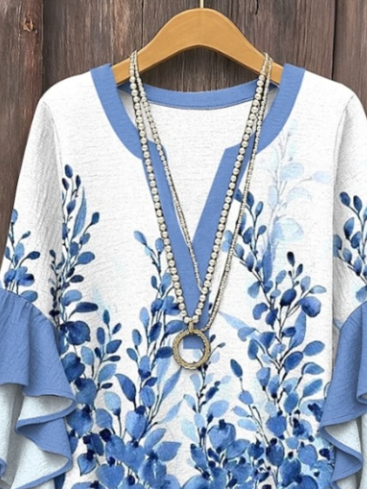 V Neck Half Sleeve Plants Regular Micro-Elasticity Regular Fit Blouse For Women