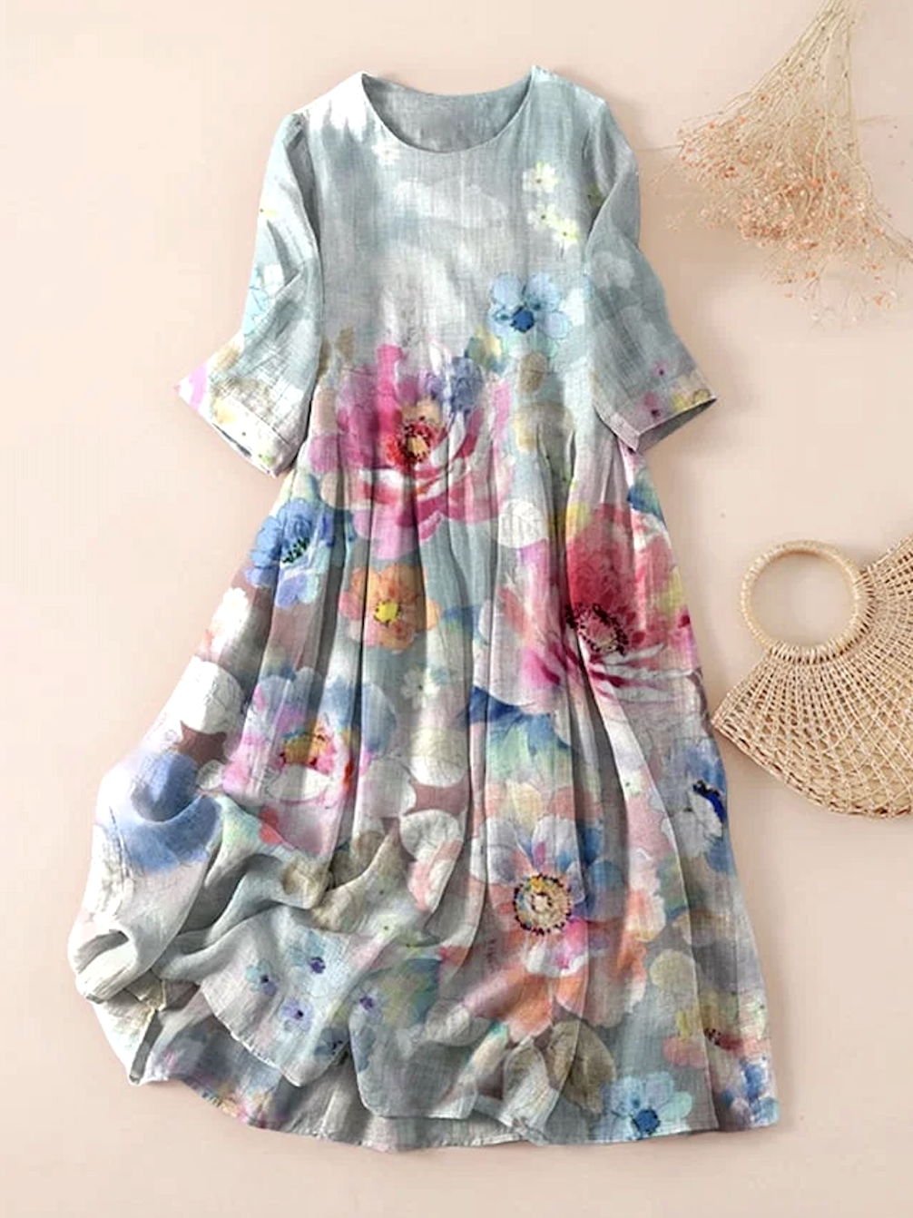 Women Floral Spring/Fall Dress Crew Neck Three Quarter Sleeve A-Line Dress