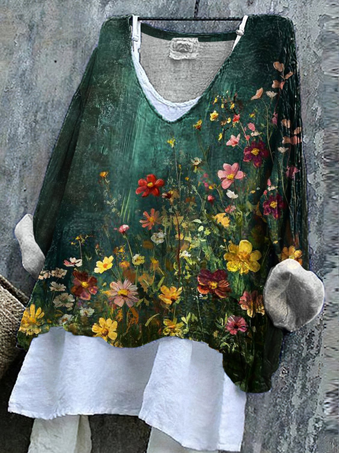 V Neck Long Sleeve Floral Regular Micro-Elasticity Regular Fit Shirt For Women