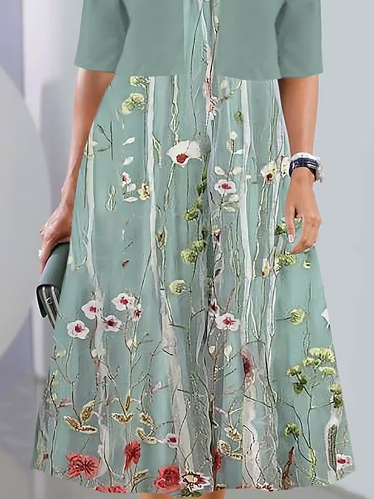 Women Floral Summer Dress Crew Neck Short Sleeve A-Line Dress