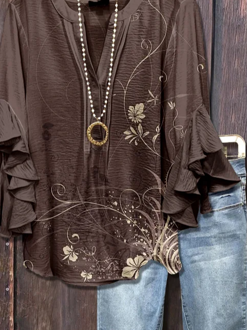 V Neck Half Sleeve Floral Printing Regular Loose Shirt For Women