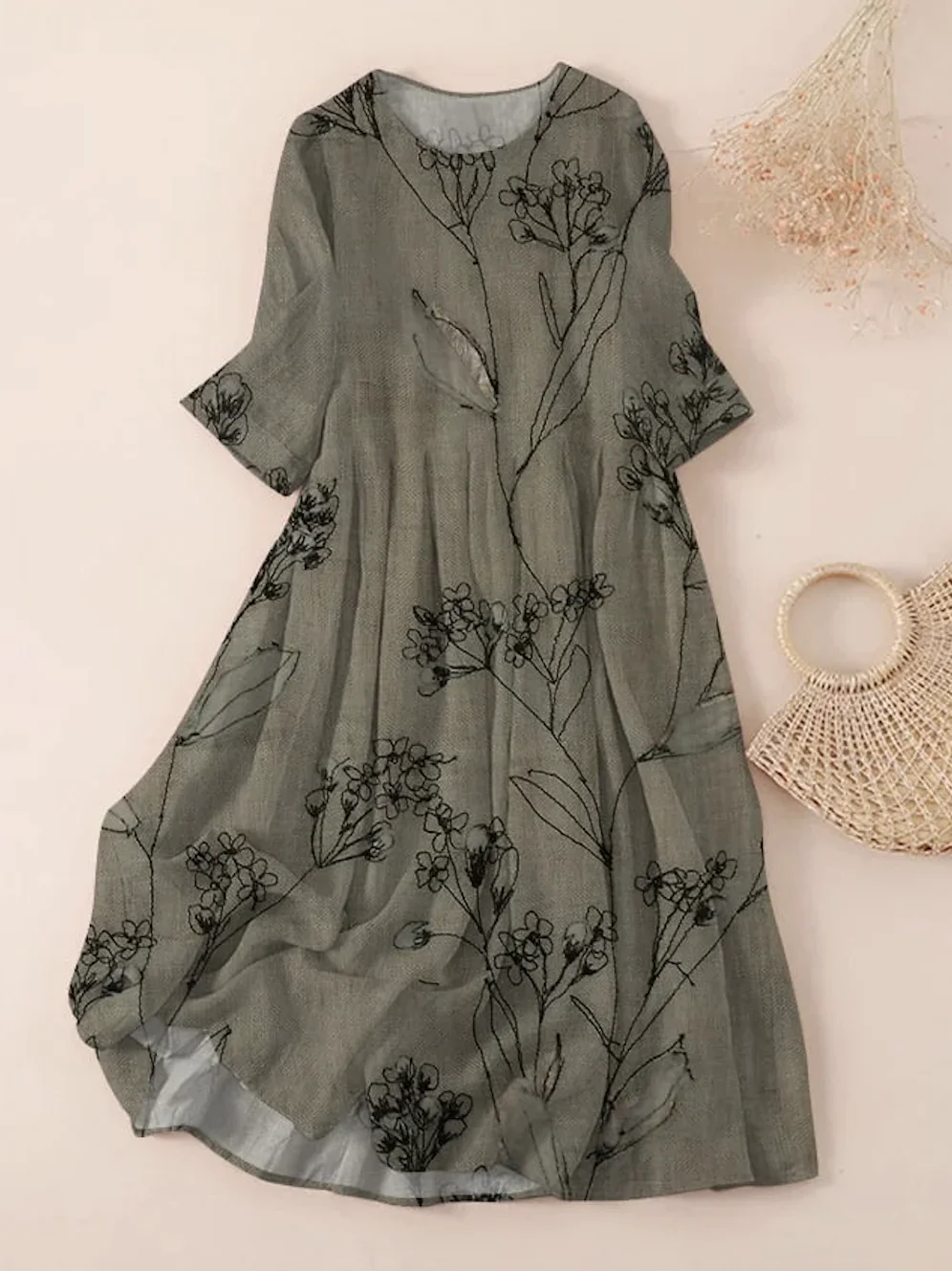 Women Floral Spring/Fall Dress Crew Neck Three Quarter Sleeve A-Line Dress