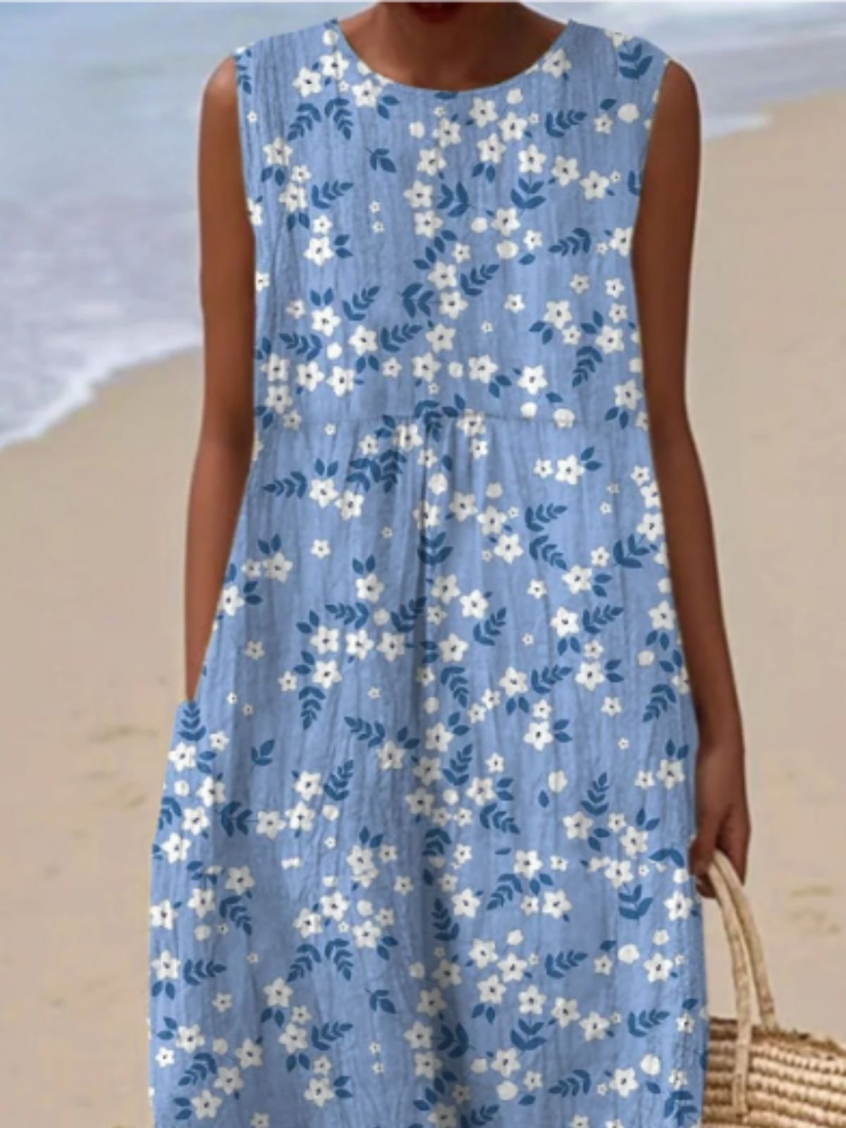 Women Floral Summer Dress Crew Neck Sleeveless A-Line Dress