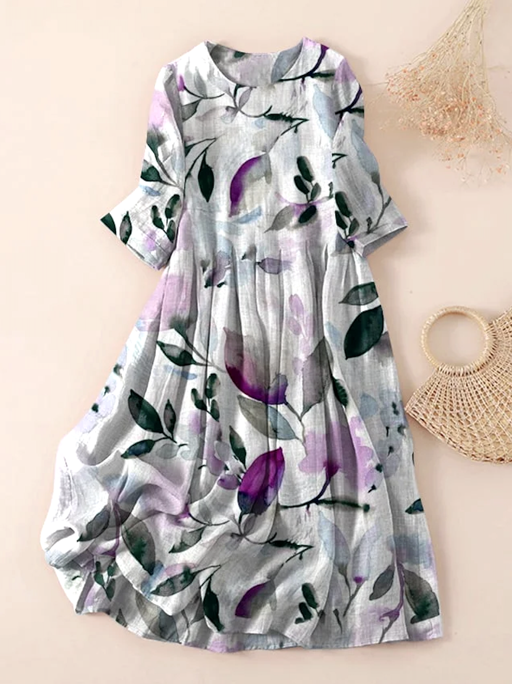 Women Floral Spring/Fall Dress Crew Neck Three Quarter Sleeve A-Line Dress