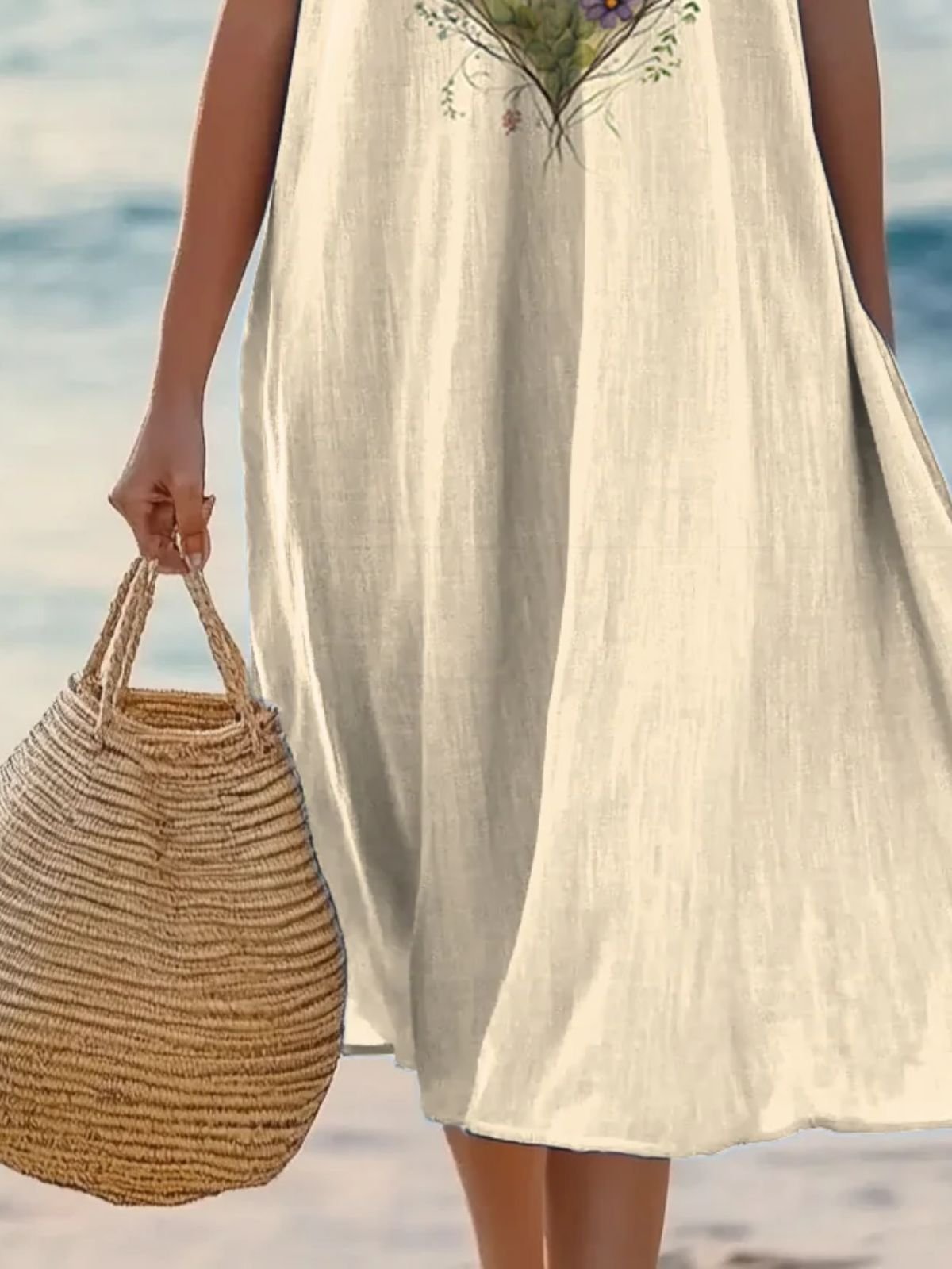 Women Plants Summer Dress Crew Neck Sleeveless A-Line Dress