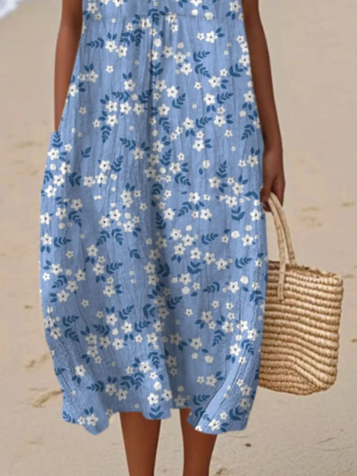 Women Floral Summer Dress Crew Neck Sleeveless A-Line Dress