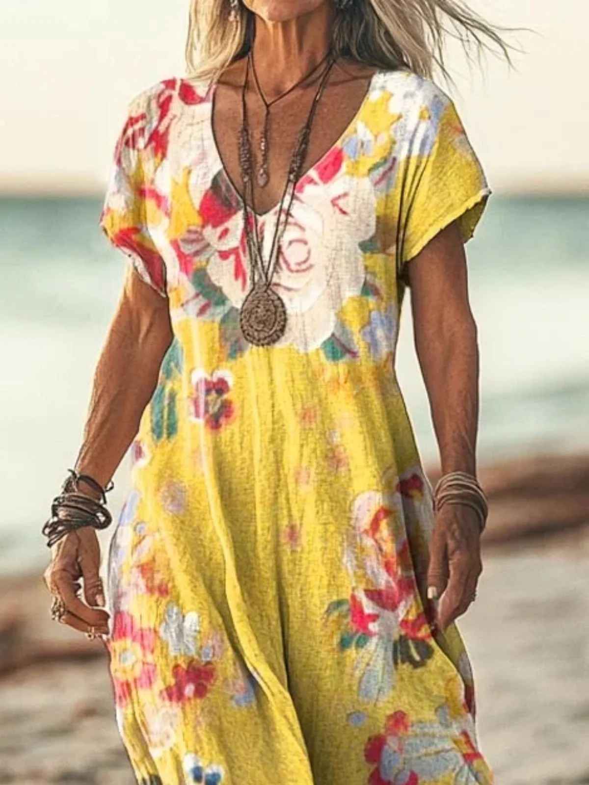 Women Floral Summer Dress V Neck Short Sleeve A-Line Dress