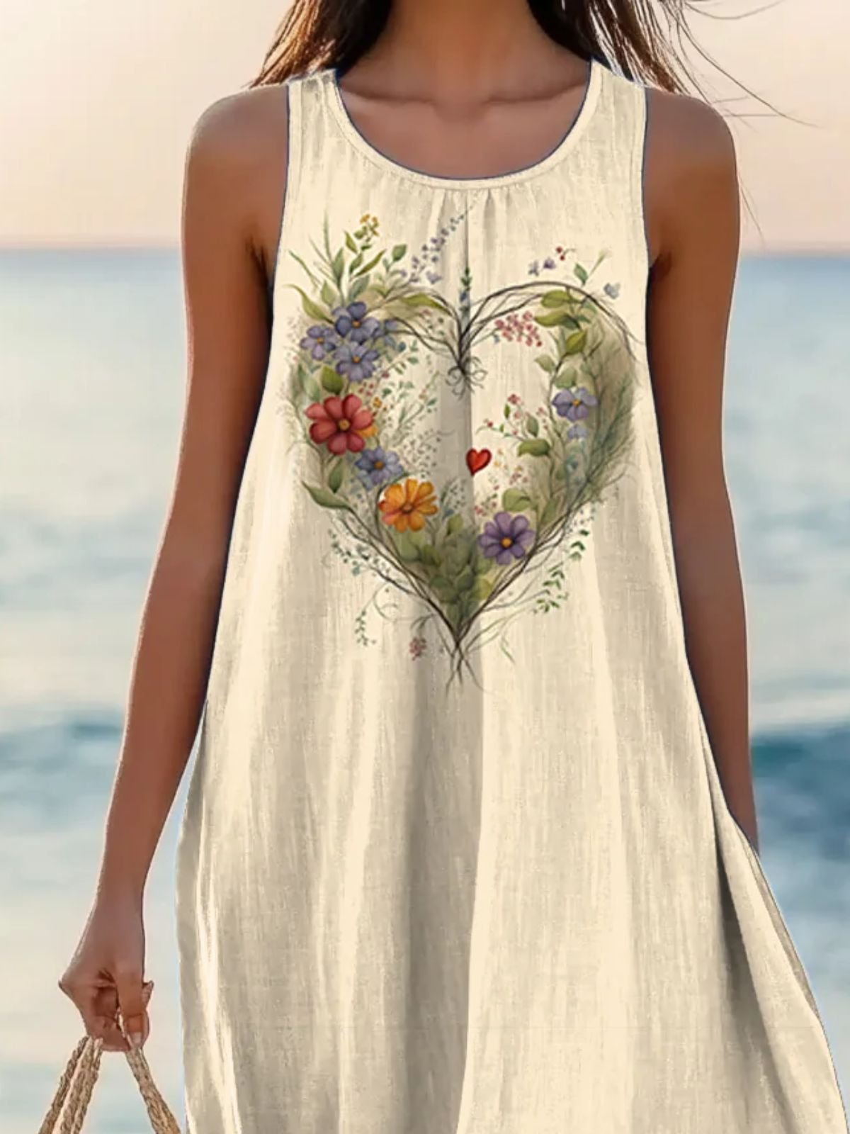 Women Plants Summer Dress Crew Neck Sleeveless A-Line Dress