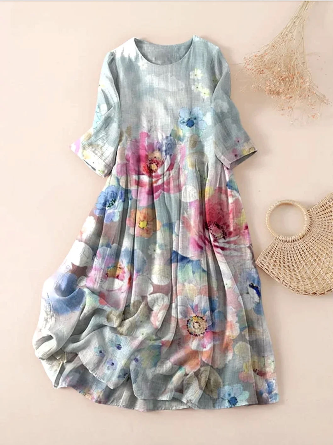 Women Floral Spring/Fall Dress Crew Neck Three Quarter Sleeve A-Line Dress
