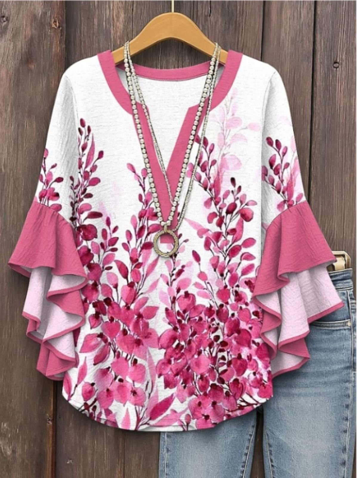 V Neck Half Sleeve Plants Regular Micro-Elasticity Regular Fit Blouse For Women