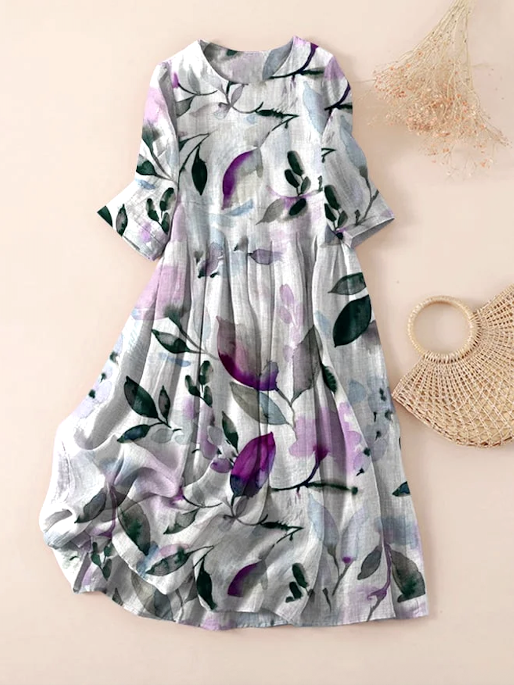 Women Floral Spring/Fall Dress Crew Neck Three Quarter Sleeve A-Line Dress