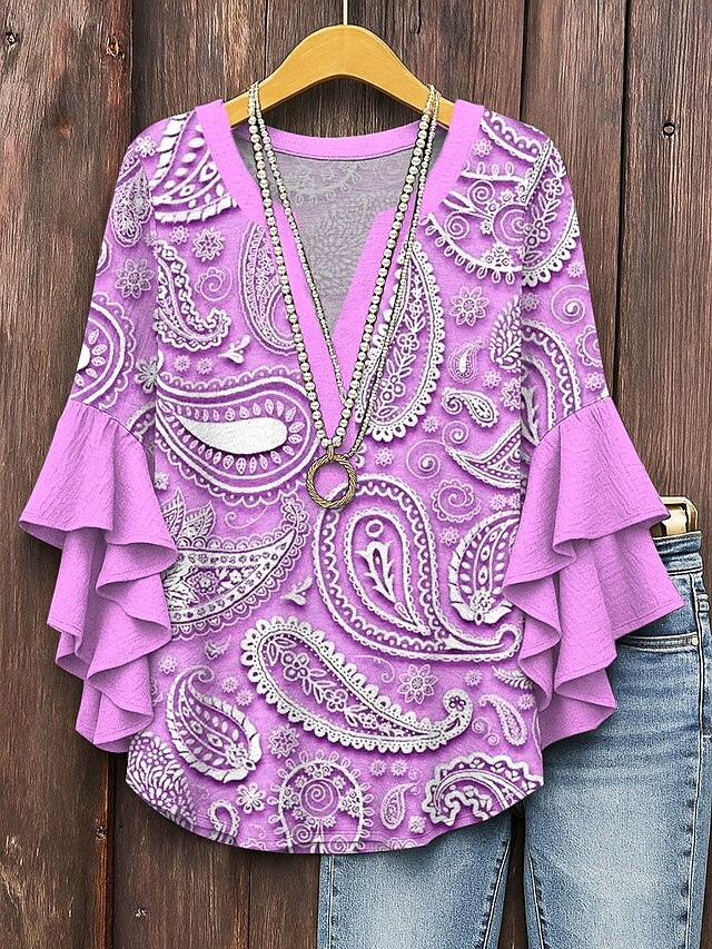 V Neck Half Sleeve Paisley Regular Micro-Elasticity Regular Fit Blouse For Women