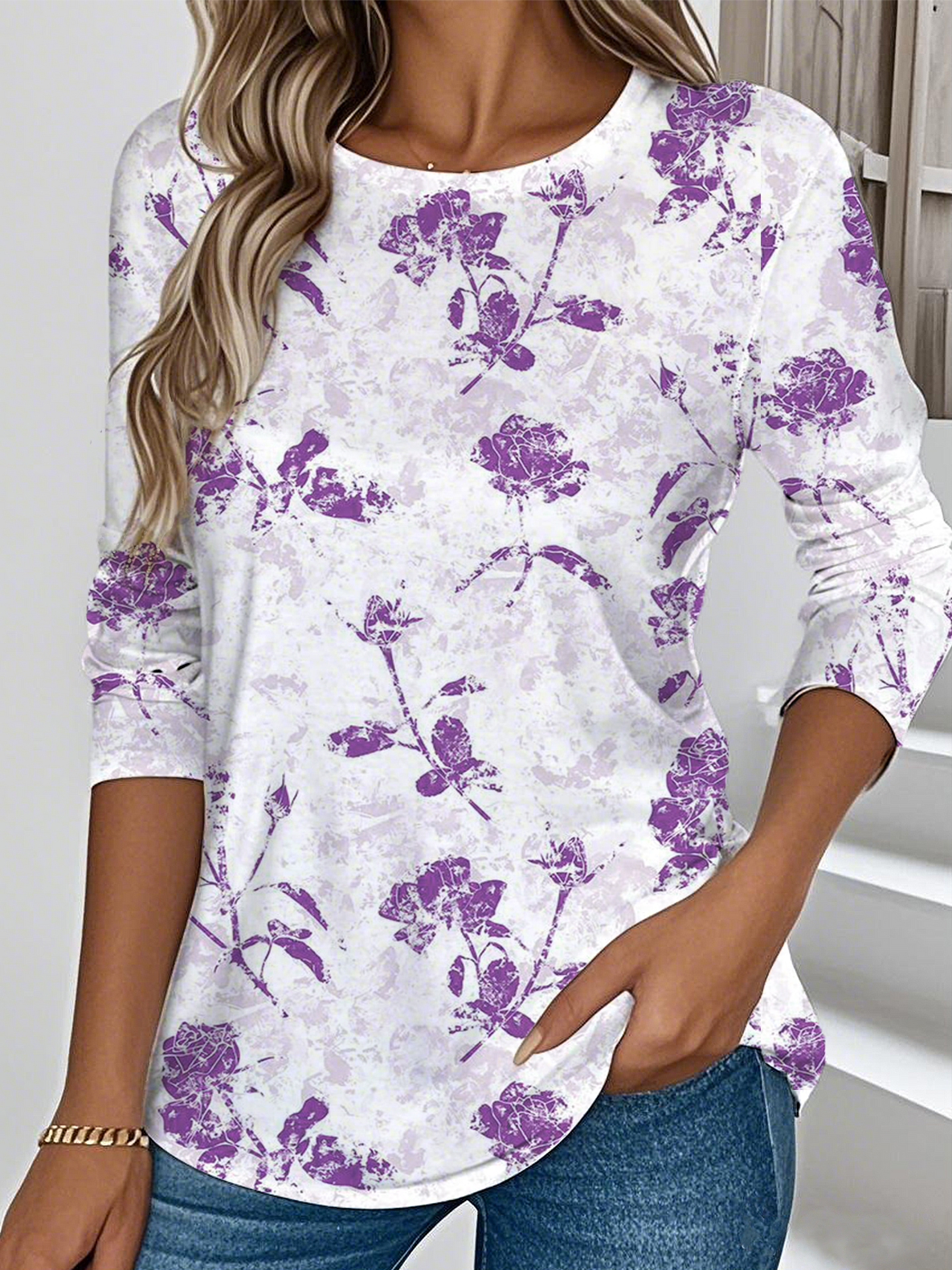 Casual Floral Crew Neck Long Sleeve T-shirt