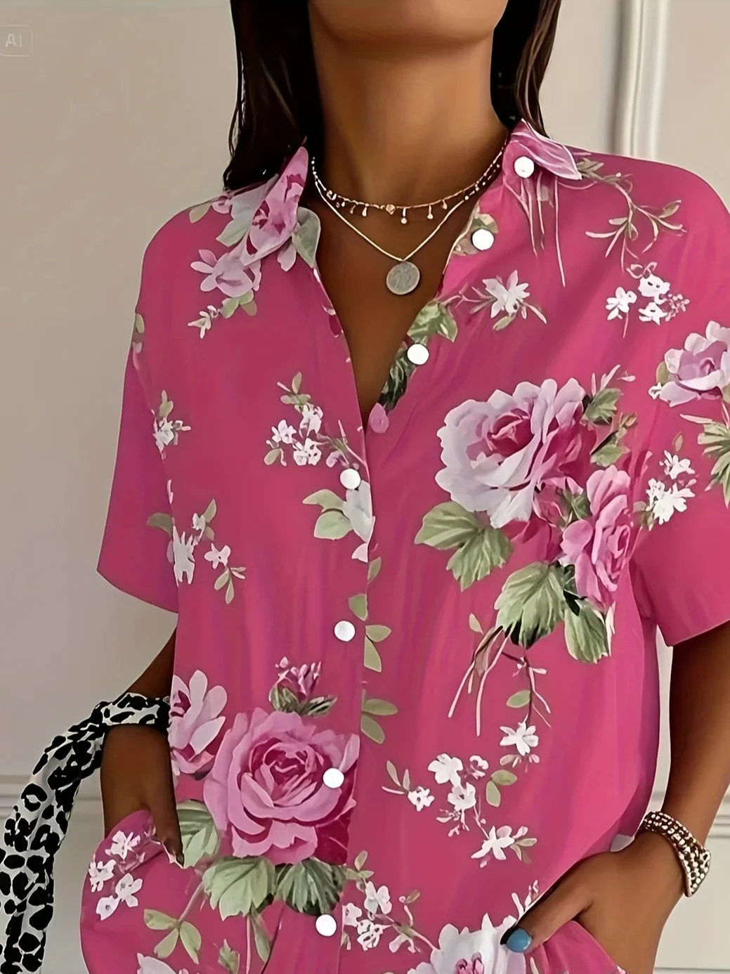 Shirt Collar Short Sleeve Floral Printing Regular Micro-Elasticity Loose Button Up Shirt Shirt For Women