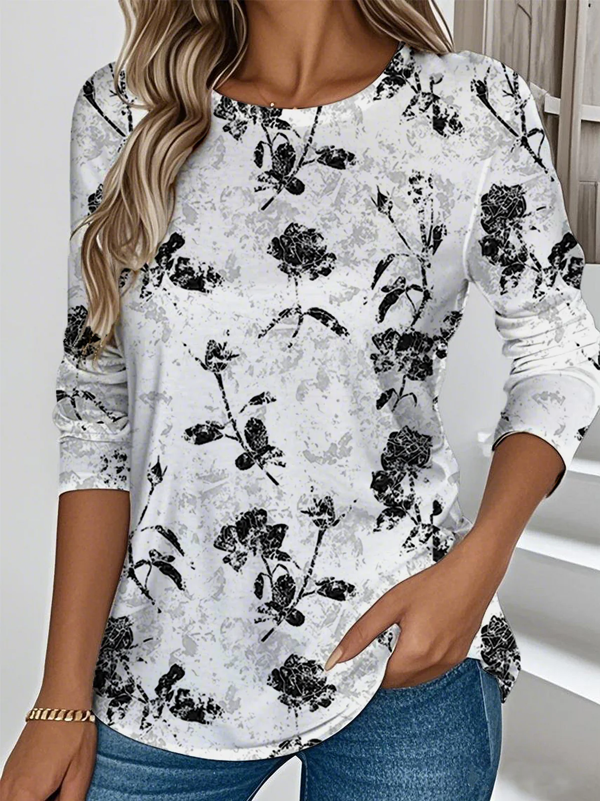 Casual Floral Crew Neck Long Sleeve T-shirt
