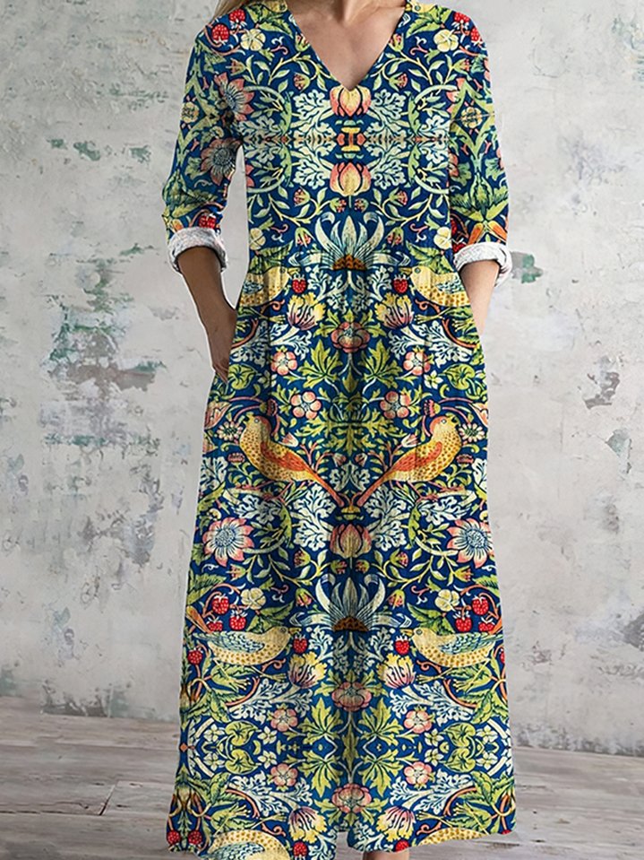 Women Floral Spring/Fall Dress Crew Neck Long Sleeve A-Line Dress