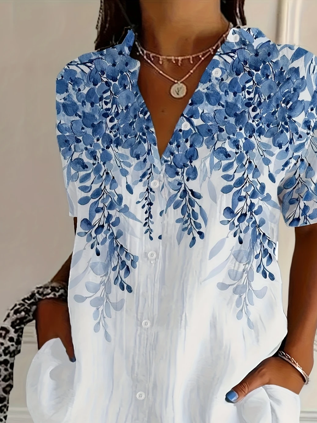 Shirt Collar Short Sleeve Floral Printing Regular Micro-Elasticity Loose Button Up Shirt Shirt For Women