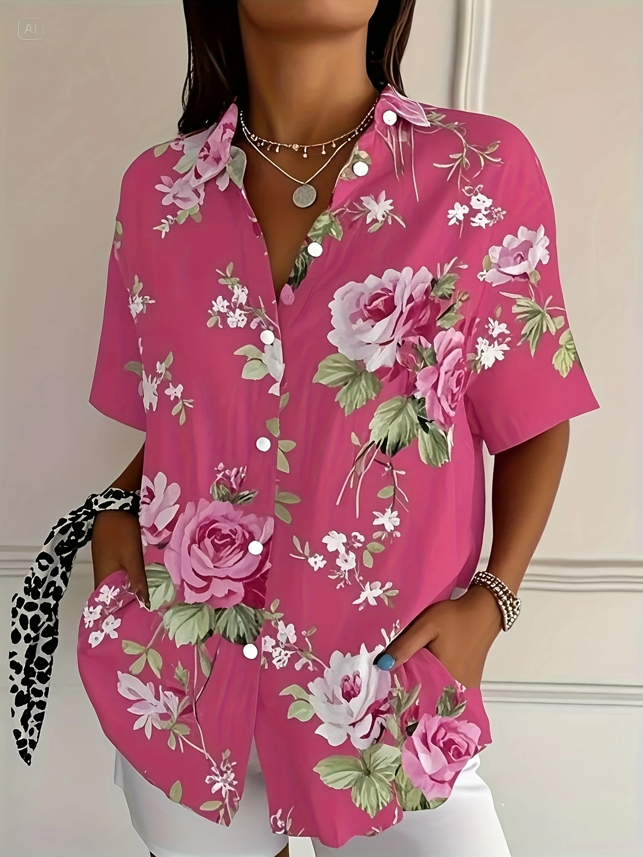 Shirt Collar Short Sleeve Floral Printing Regular Micro-Elasticity Loose Button Up Shirt Shirt For Women