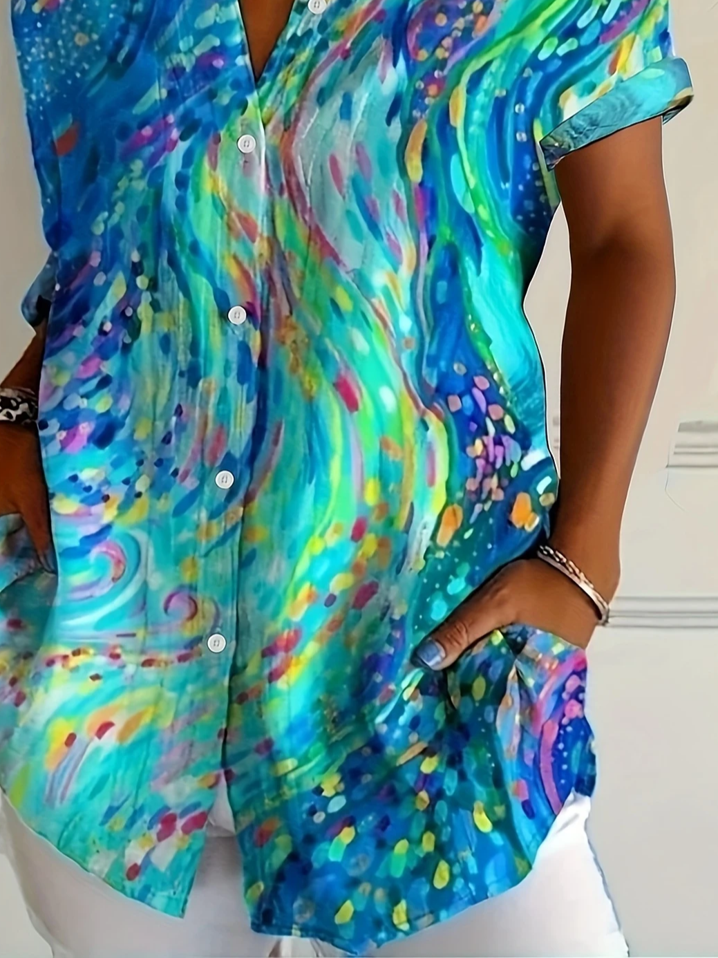 Shirt Collar Short Sleeve Abstract Printing Regular Micro-Elasticity Loose Button Up Shirt Shirt For Women