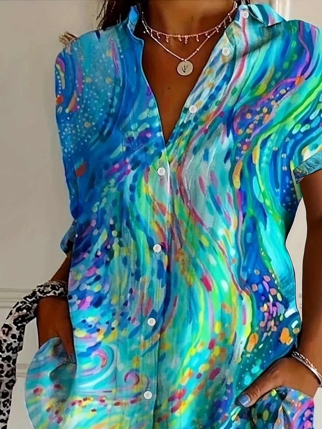 Shirt Collar Short Sleeve Abstract Printing Regular Micro-Elasticity Loose Button Up Shirt Shirt For Women