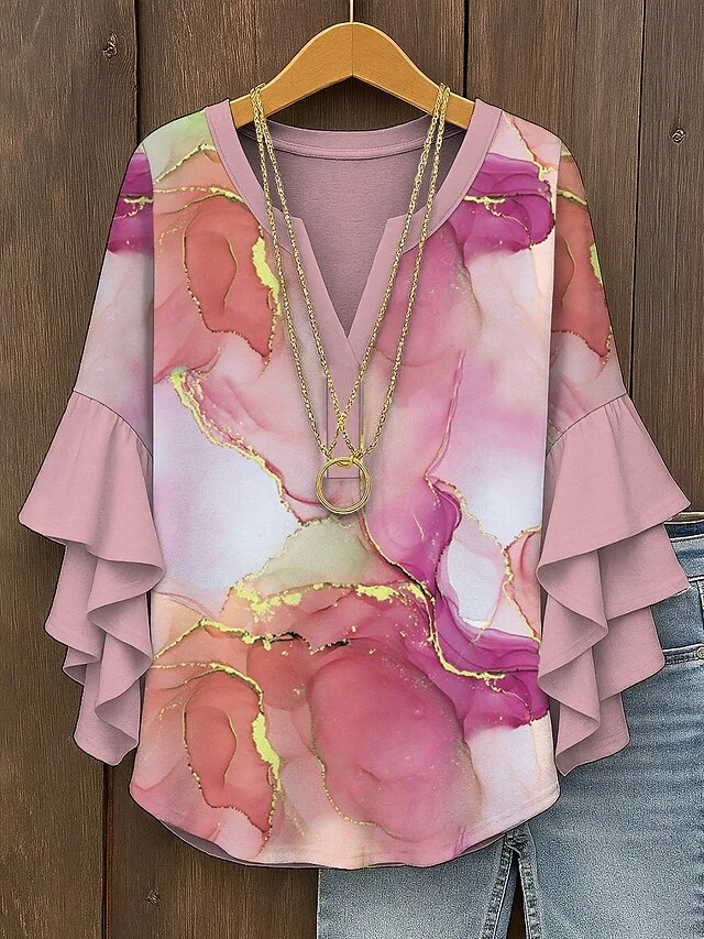 V Neck Half Sleeve Geometric Regular Micro-Elasticity Regular Fit Blouse For Women