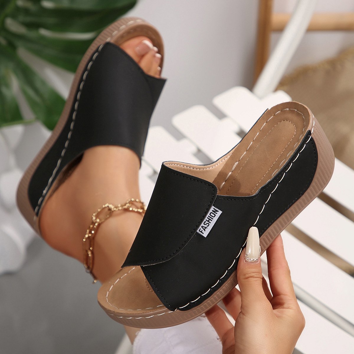 Vintage Plain Zipper Low Heel Slide Sandals