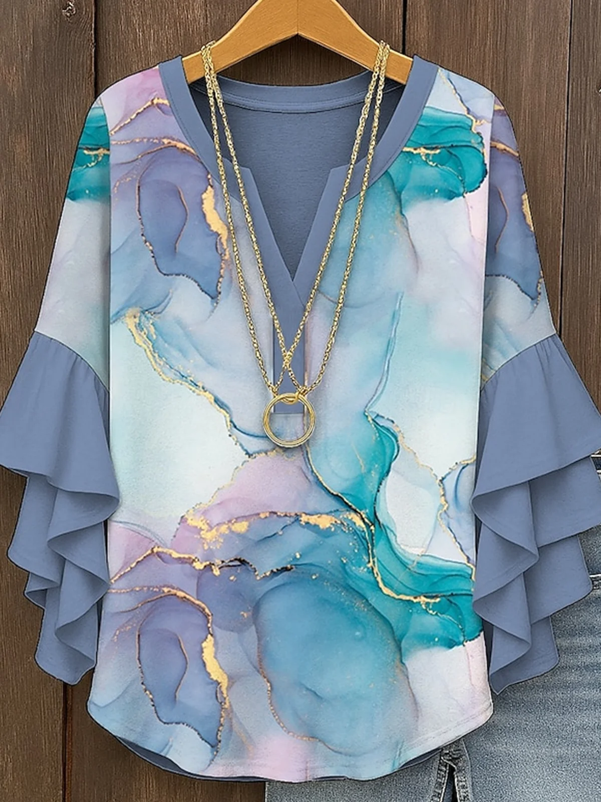 V Neck Half Sleeve Geometric Regular Micro-Elasticity Regular Fit Blouse For Women