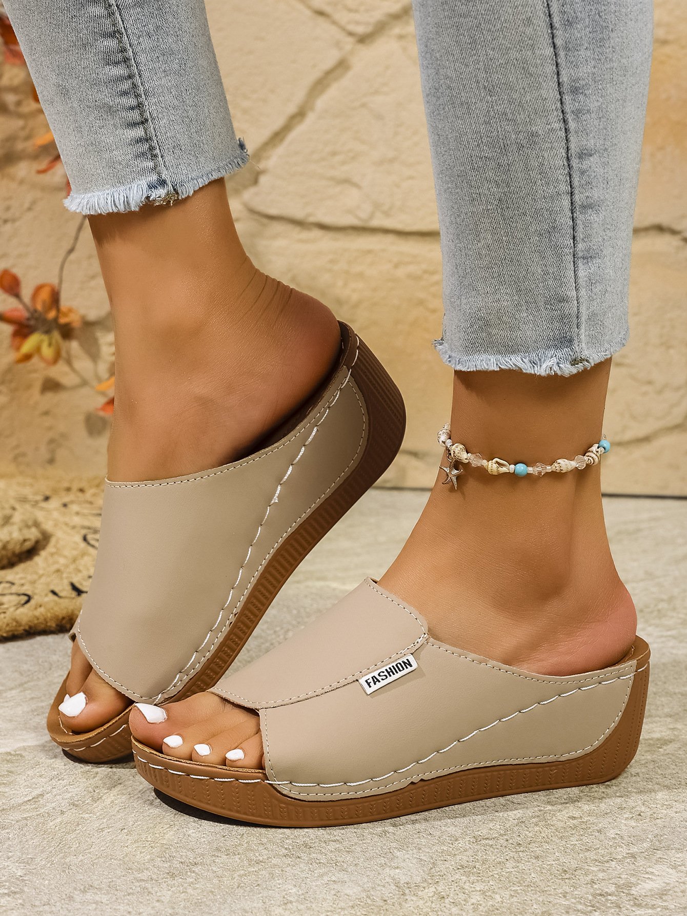 Vintage Plain Zipper Low Heel Slide Sandals