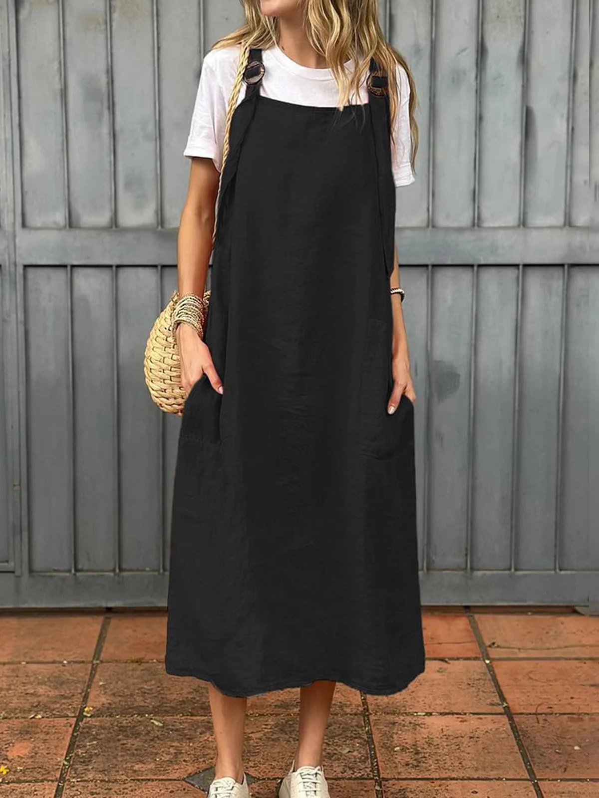 Women Plain Summer Dress Spaghetti Gallus Slip Dress H-Line Dress