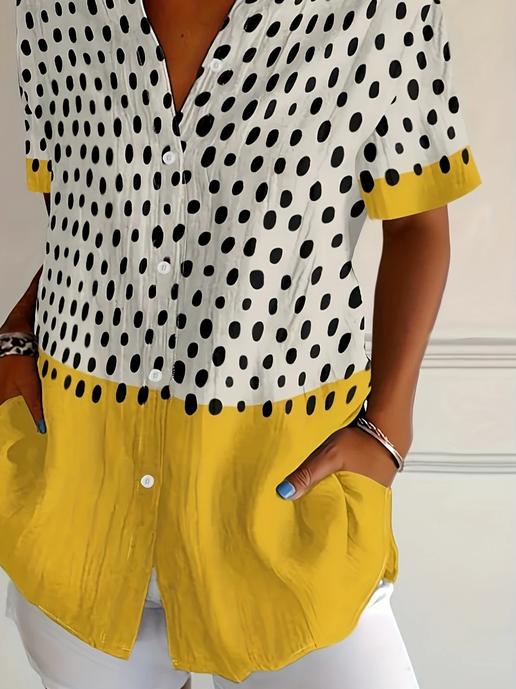 Shirt Collar Short Sleeve Abstract Polka Dots Printing Regular Micro-Elasticity Loose Button Up Shirt Shirt For Women