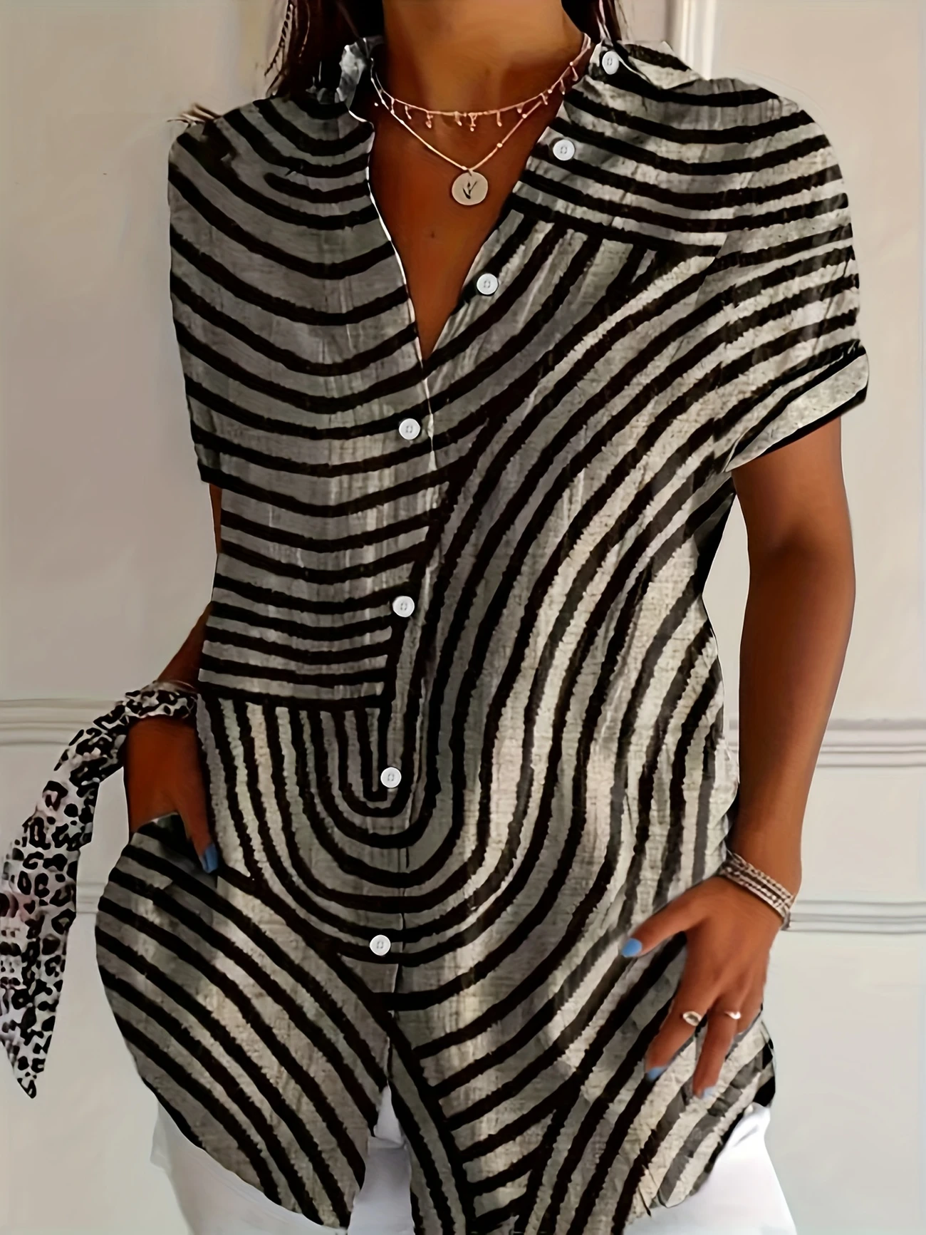 Shirt Collar Short Sleeve Abstract Stripes Printing Regular Micro-Elasticity Loose Button Up Shirt Shirt For Women