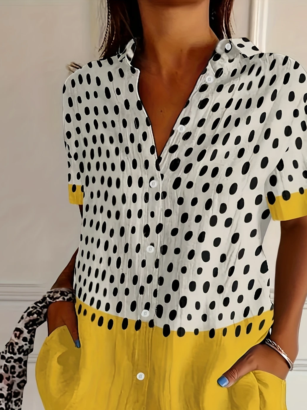 Shirt Collar Short Sleeve Abstract Polka Dots Printing Regular Micro-Elasticity Loose Button Up Shirt Shirt For Women