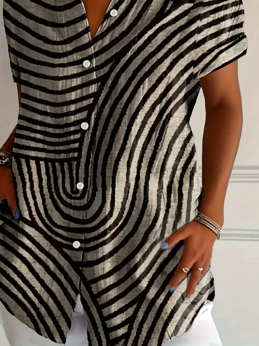 Shirt Collar Short Sleeve Abstract Stripes Printing Regular Micro-Elasticity Loose Button Up Shirt Shirt For Women